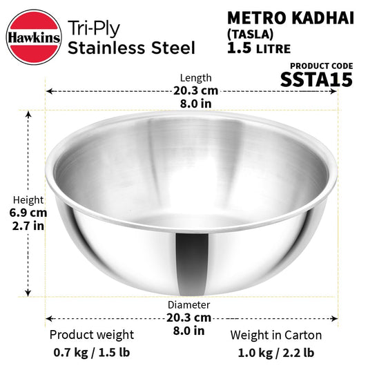 Hawkins Metro 1.5L Triply Stainless Steel Kadhai (Tasla)