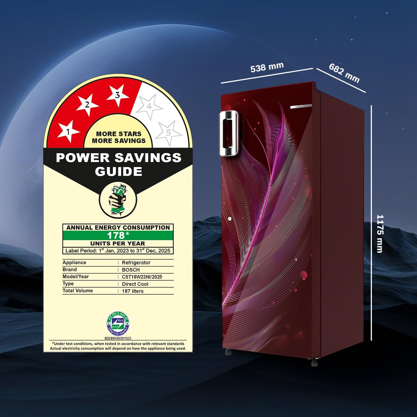 Bosch 187 L 3 Star Capacity Single Door, Direct Cool Refrigerator with Multi box and cool bottle zone (CST18W33NI, Wine Feather)