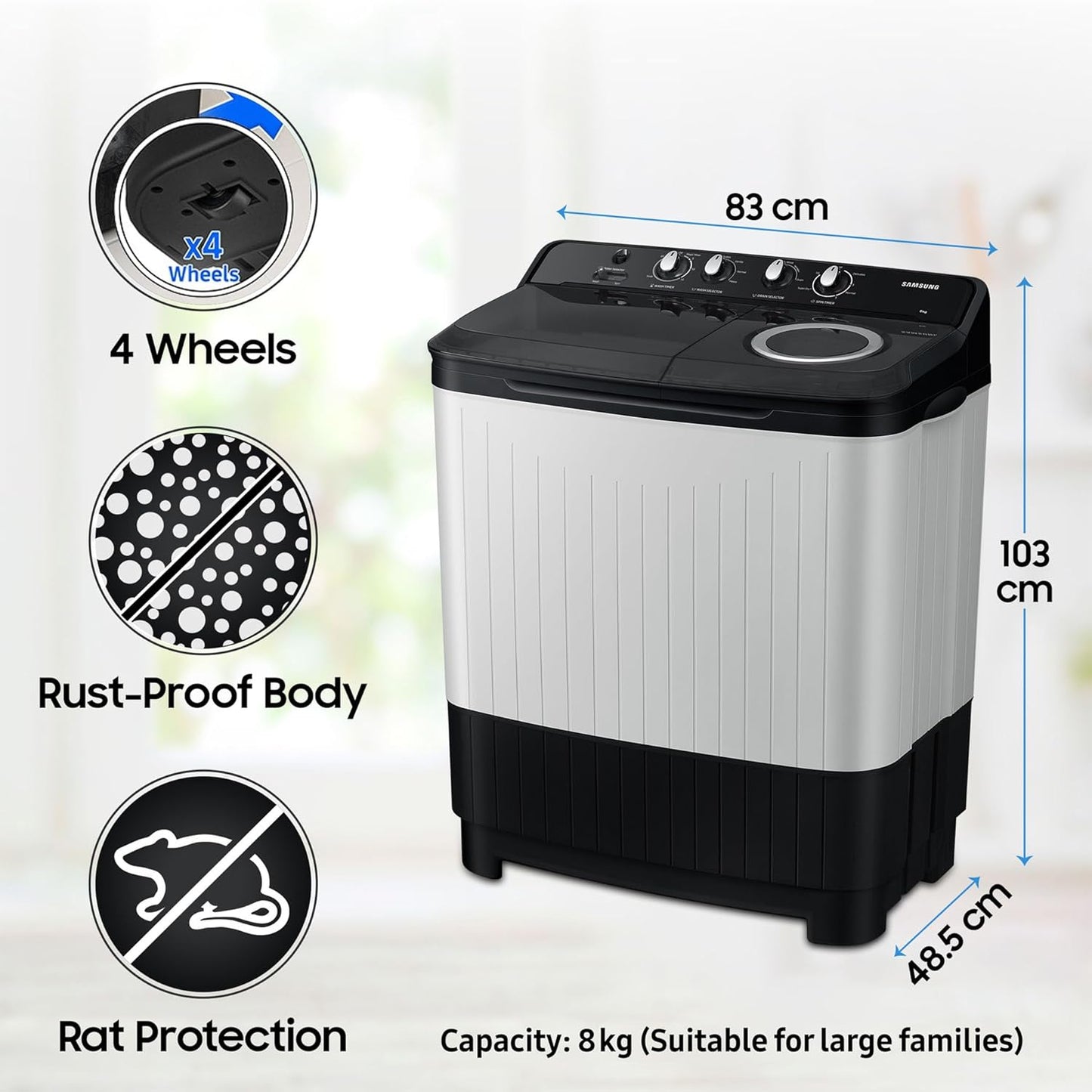 Samsung 8 kg, 5 star, Semi-Automatic Top Load Washing Machine (WT80C4200GG/TL, Air Turbo Drying, Light Gray, 5 Year Warranty on Wash Motor)