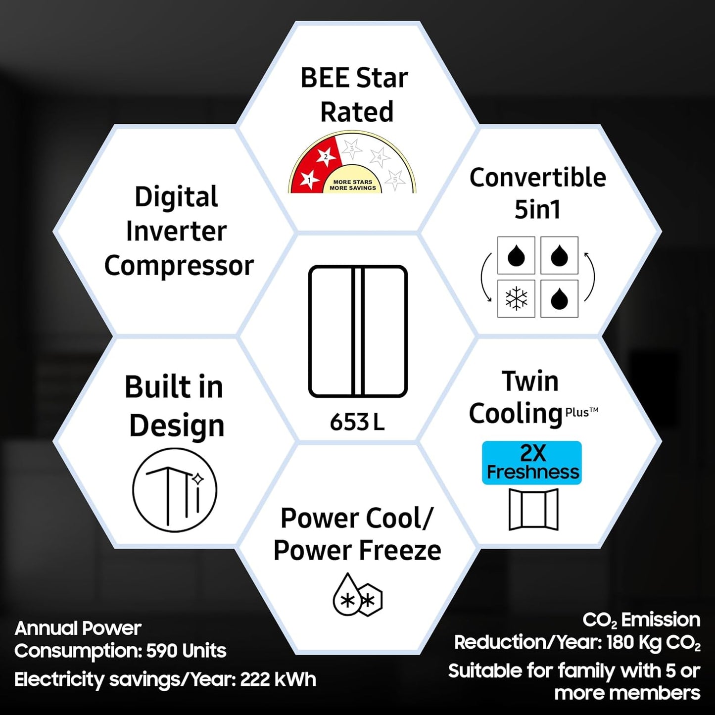 Samsung 653 L, 2 Star, Frost Free, Double Door, Convertible 5-in-1 Digital Inverter, Side By Side Refrigerator (RS76CG80X0S9HL, Silver, Refined Inox)