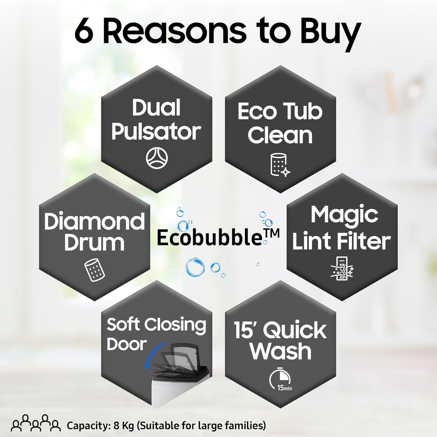 Samsung 8 kg, 5 star, Eco Bubble Tech, Digital Inverter Motor, Soft Closing Door, Fully-Automatic Top Load Washing Machine (WA80BG4441BGTL, Light Gray)