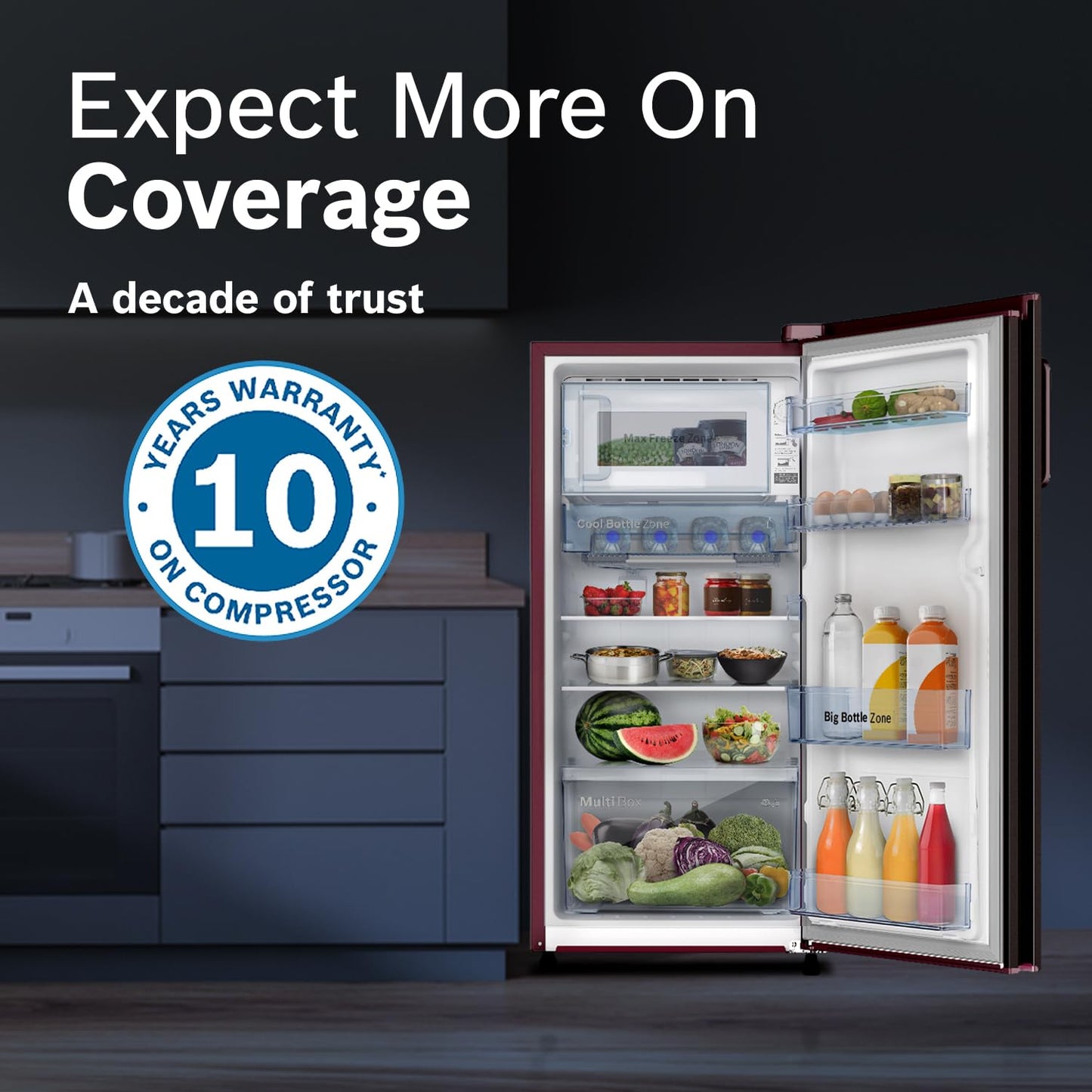Bosch 187 L 3 Star Capacity Single Door, Direct Cool Refrigerator with Multi box and cool bottle zone (CST18W33NI, Wine Feather)