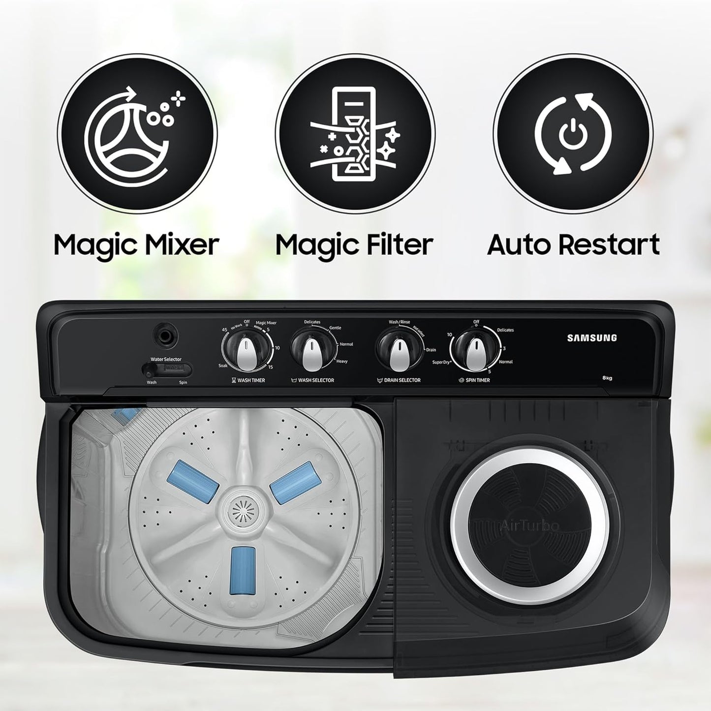 Samsung 8 kg, 5 star, Semi-Automatic Top Load Washing Machine (WT80C4200GG/TL, Air Turbo Drying, Light Gray, 5 Year Warranty on Wash Motor)