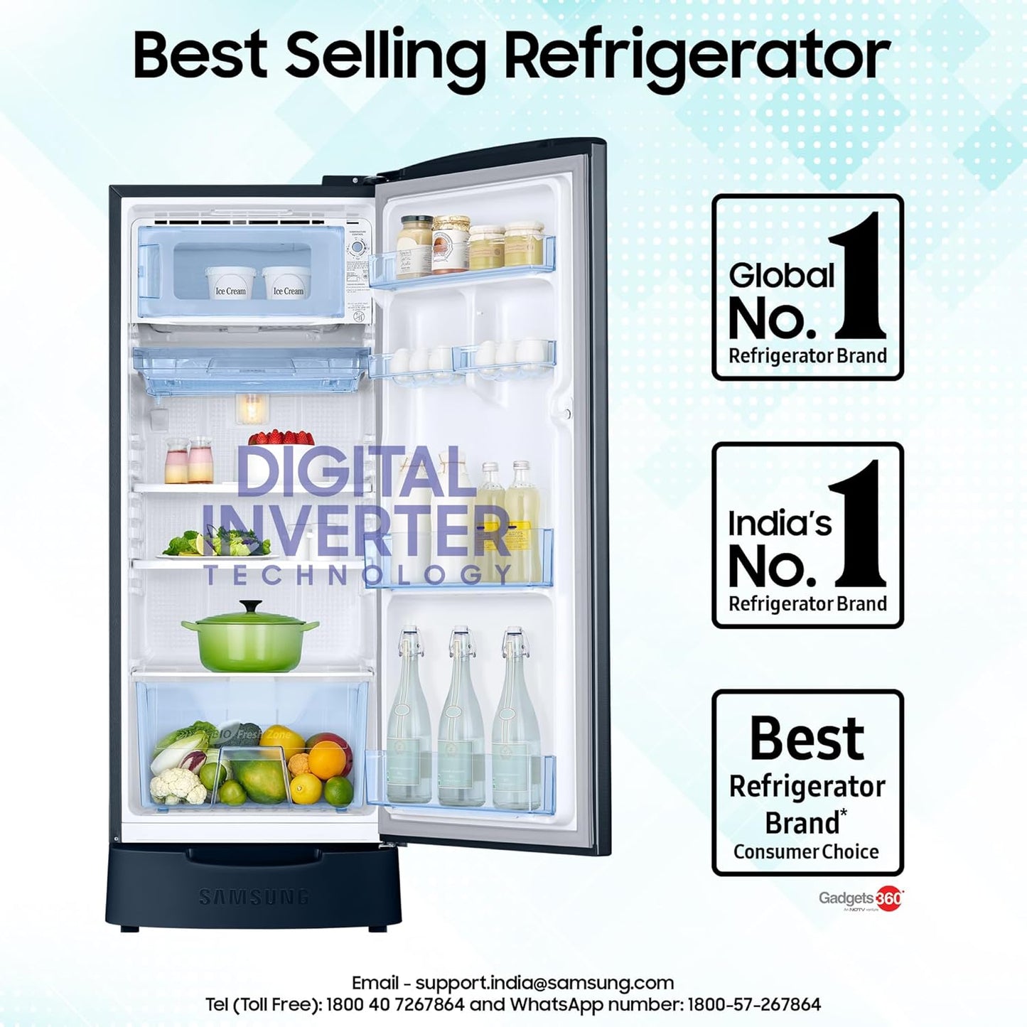 Samsung 183 L, 2 Star, Digital Inverter, Direct-Cool Single Door Refrigerator (RR20C1812U8/HL, Blooming Saffron Blue, Base Stand Drawer)