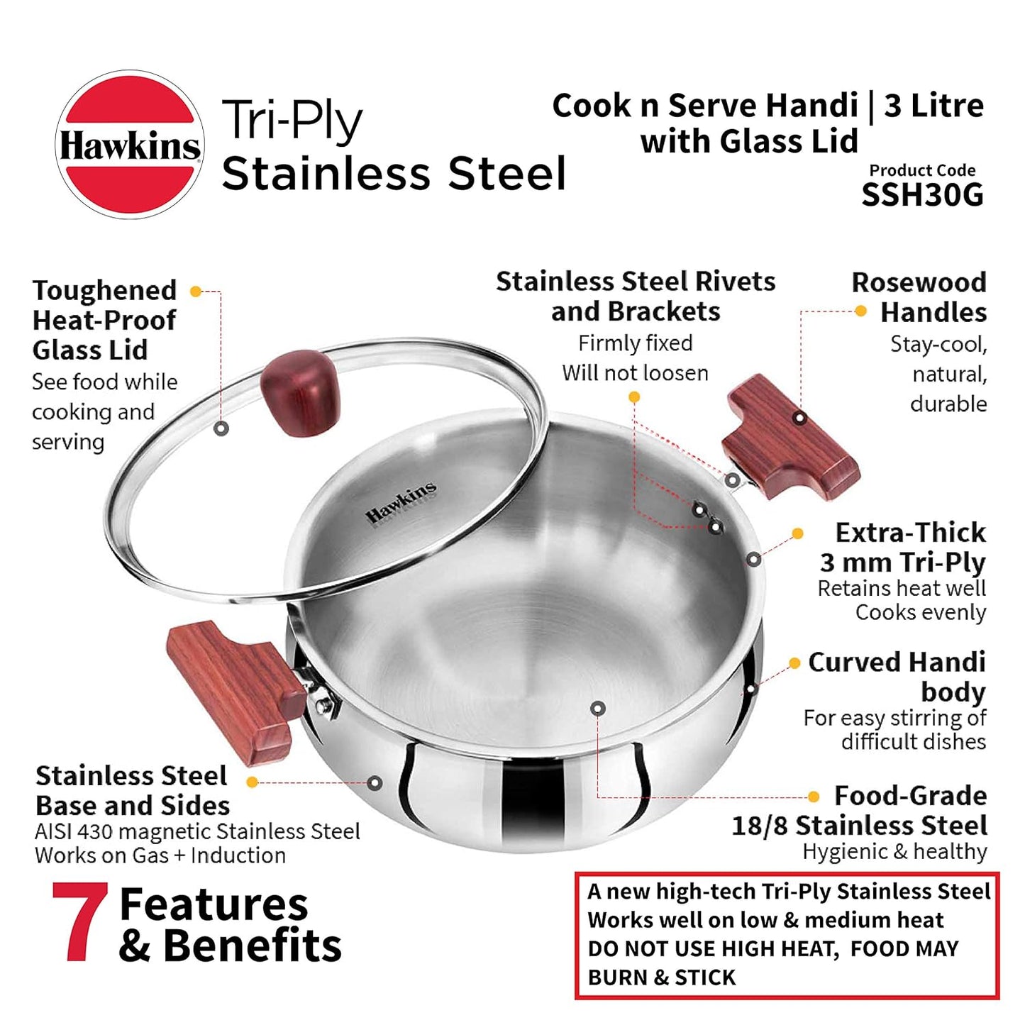Hawkins SSH30G Tri-Ply Stainless Steel Cook n Serve Handi (3 L)