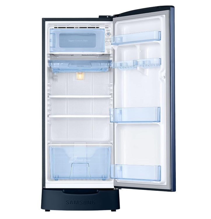 Samsung 183 L, 3 Star, Digital Inverter, Direct-Cool Single Door Refrigerator (RR20C1823CU/HL, Camellia Blue, Base Stand Drawer)