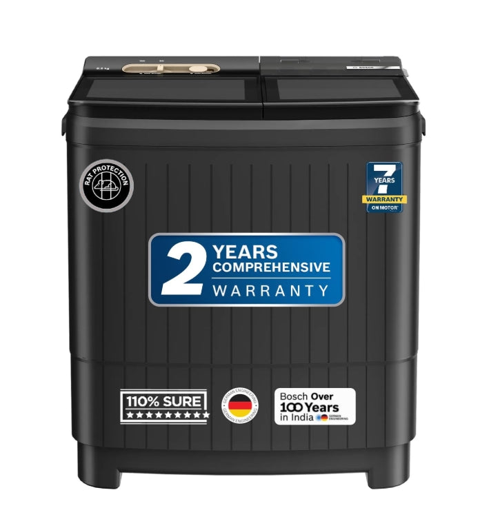 Bosch 8.5 kg 5 Star Semi-Automatic Top Loading Washing Machine (2025 Model, WJG855G0IN, 4 Wash Programs, Anti-Rust Body, 1300 RPM Spin Speed, Black, 2 Years Comprehensive Warranty)