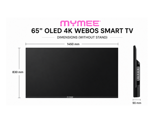 A product dimension diagram for a 65-inch OLED 4K Webos smart TV by Mymee. The image shows a front view of the black TV with dimensions of 1450 mm by 830 mm, a side profile view, and a 90 mm depth, all labeled on a plain white background.