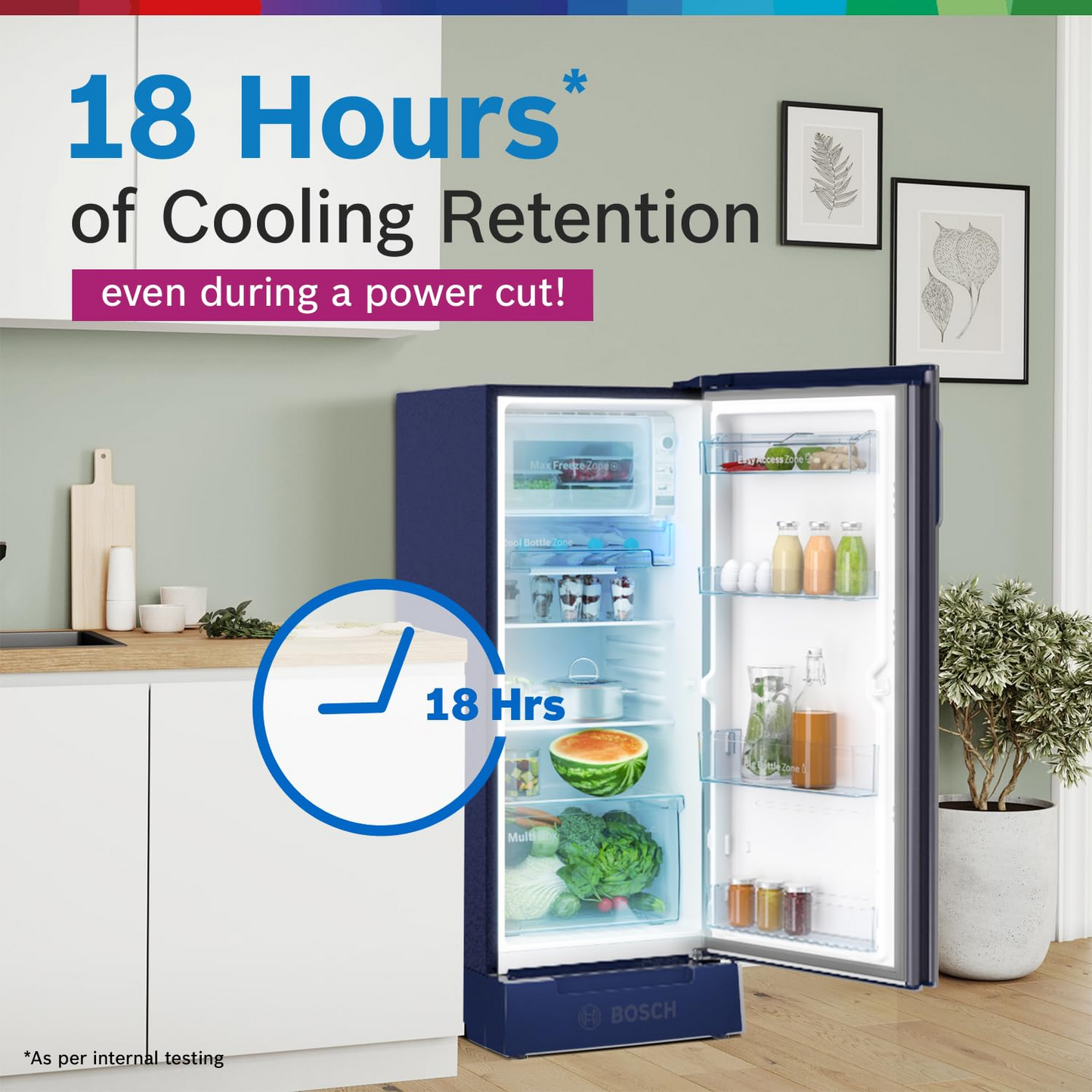 BOSCH 187L, 4 Star, Single Door Refrigerator with Industry's largest base drawer, vegetable box* & Beverage space (CST18B34PI, Feather blue) 18 Hr Cooling Retention, 2.5x Cooling, inverter compressor