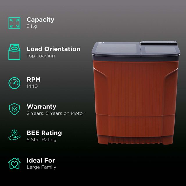 Godrej 8 kg 5 Star Semi Automatic Top Load Washing Machine Model: WSEDGE ULT 80 5.0 DB2M CSRD | Colour: Red