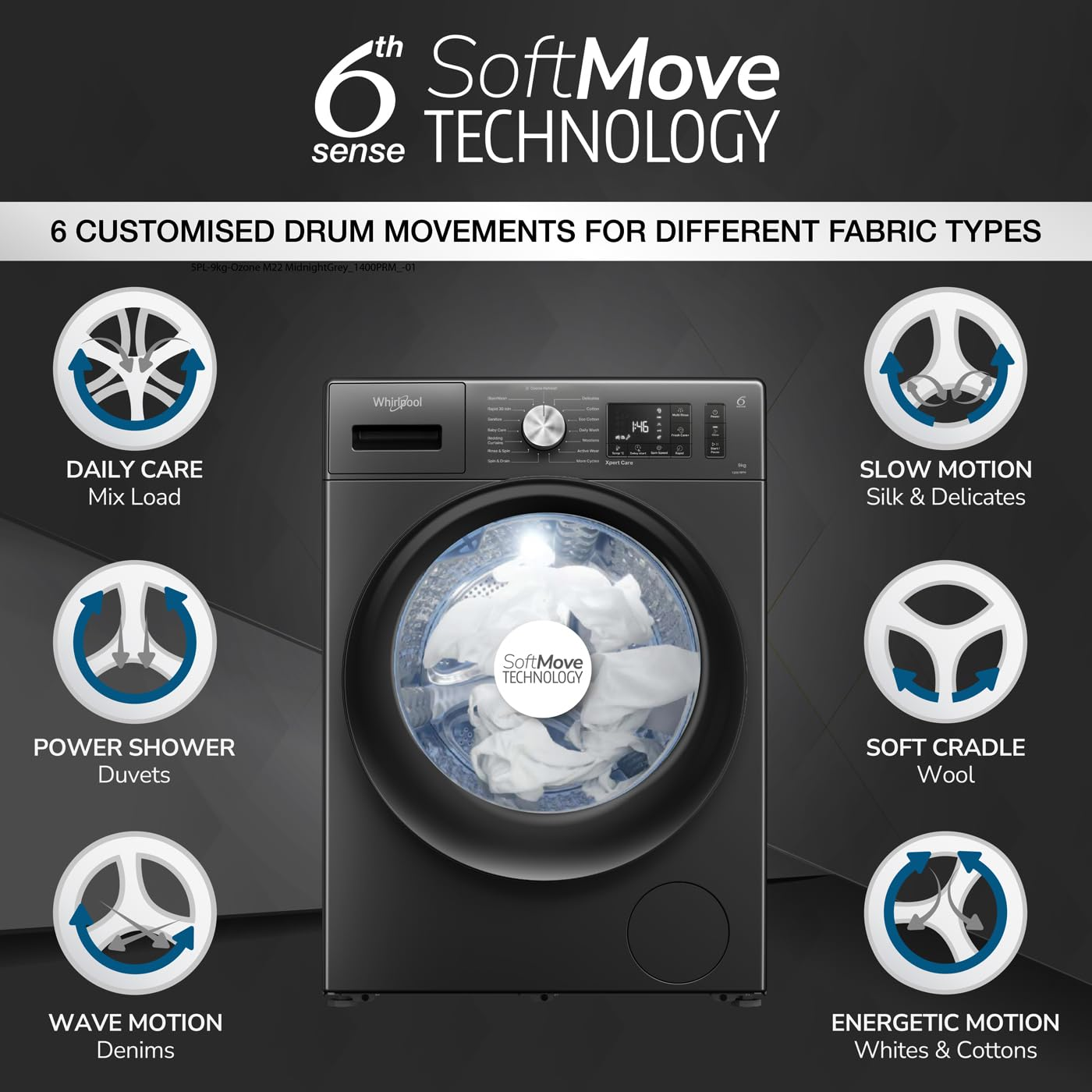 Whirlpool 9 Kg Ozone Technology 5 Star Inverter Front Load Fully Automatic Washing Machine with In-Built Heater (XO9012BYM52E, Midnight Grey, 100+ Tough Stains, 1400 RPM)