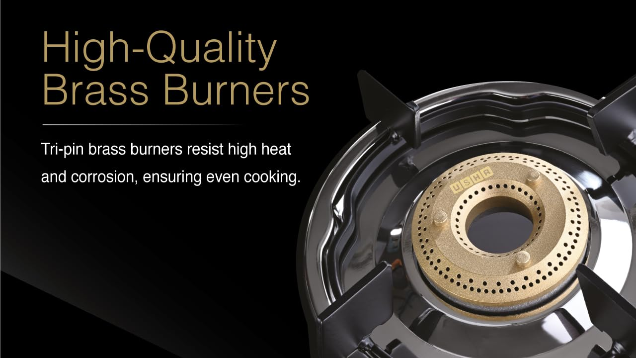 USHA Ebony Neo Slim 2 burner (EBNSL2RGC) with stainless steel body, glass cooktop, large space for parallel cooking, and removable drip tray