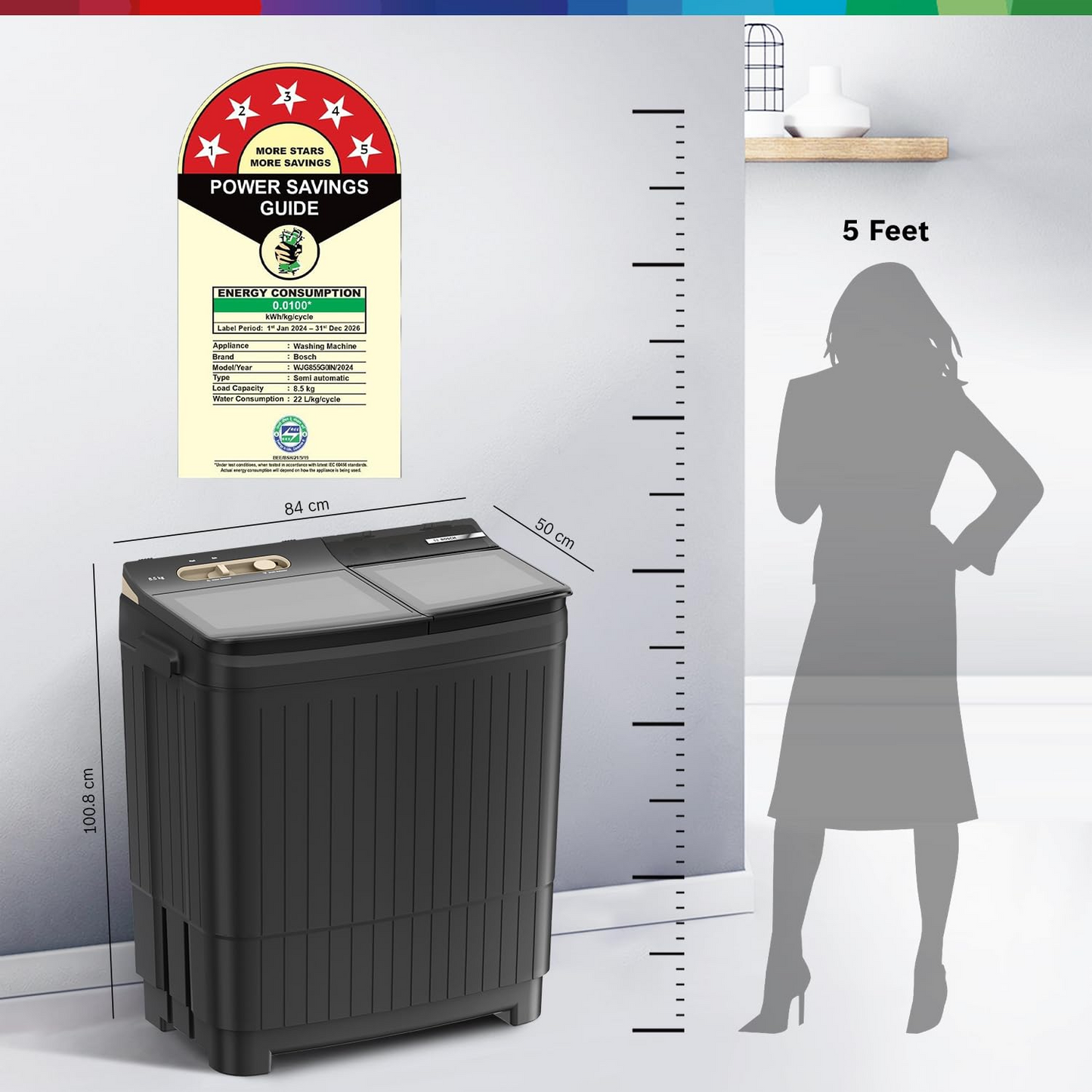 Bosch 8.5 kg 5 Star Semi-Automatic Top Loading Washing Machine (2025 Model, WJG855G0IN, 4 Wash Programs, Anti-Rust Body, 1300 RPM Spin Speed, Black, 2 Years Comprehensive Warranty)