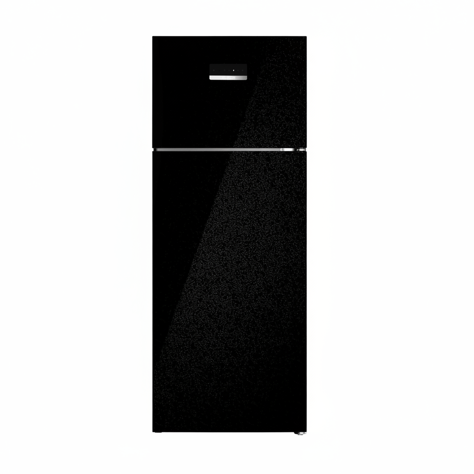 Black refrigerator with freezer on top on a white background