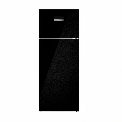 Black refrigerator with freezer on top on a white background