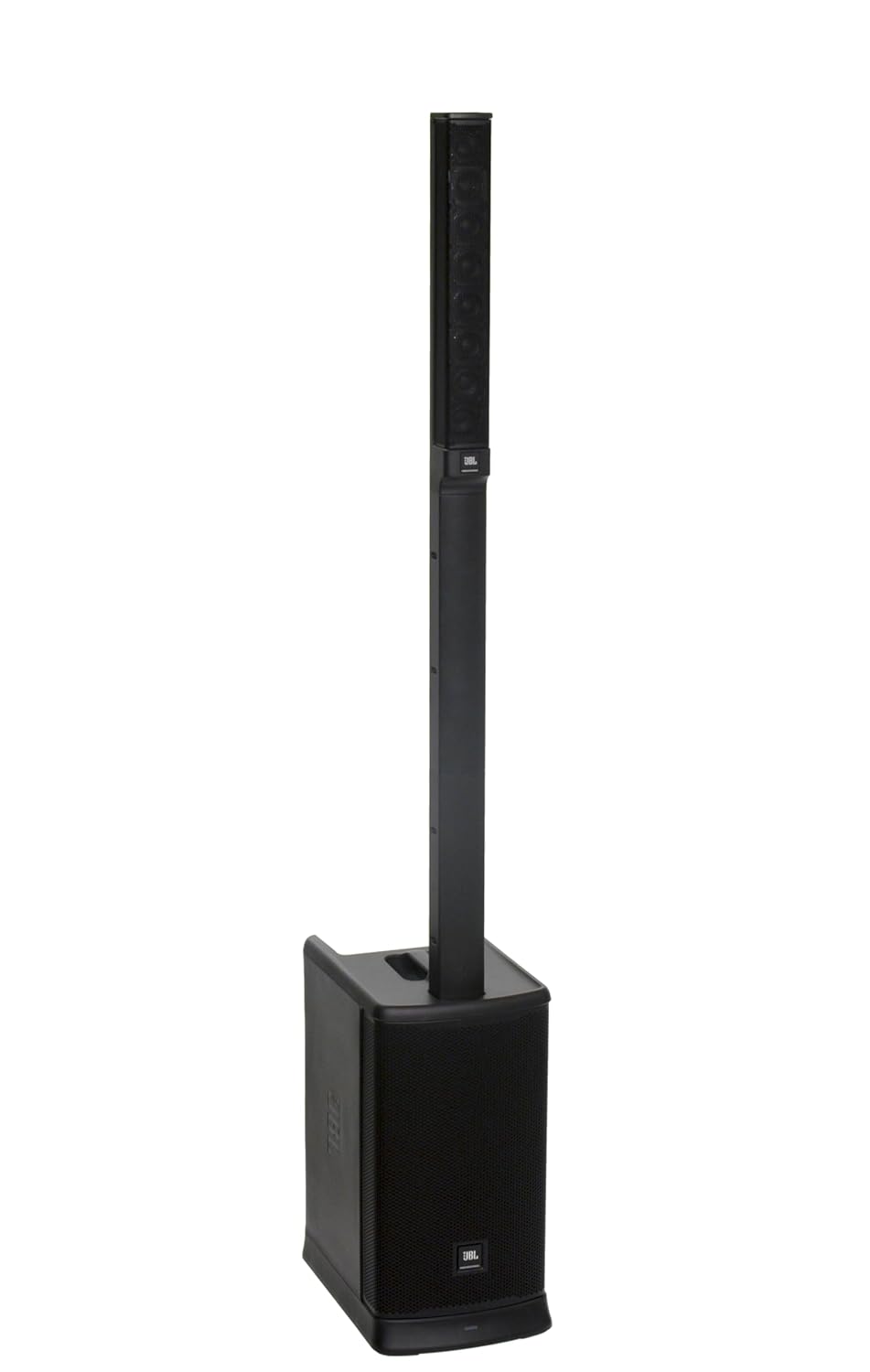 A black JBL EON One MK2 all-in-one battery-powered column PA system with a vertical array speaker on a portable base.