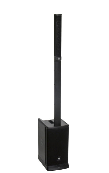A black JBL EON One MK2 all-in-one battery-powered column PA system with a vertical array speaker on a portable base.