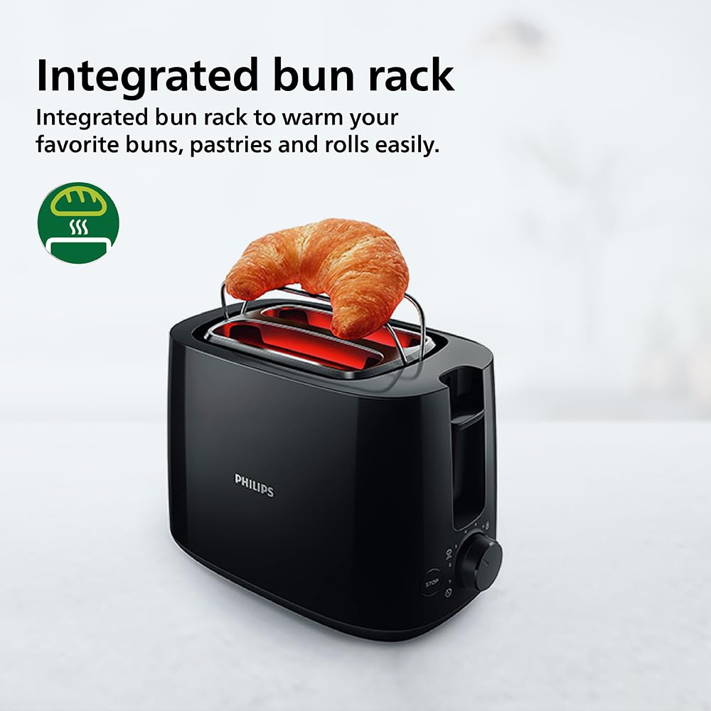 Philips HD2583/90 Daily Collection 2-Slice Toaster – 600W, 8 Browning Settings, Bun Warming Rack – Black