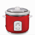 Red rice cooker with a white control panel on a white background
