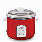 Red rice cooker with a white control panel on a white background