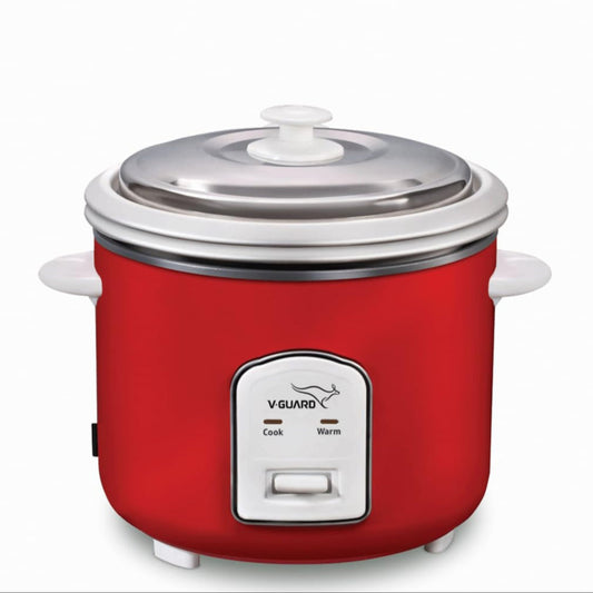 Red rice cooker with a white control panel on a white background