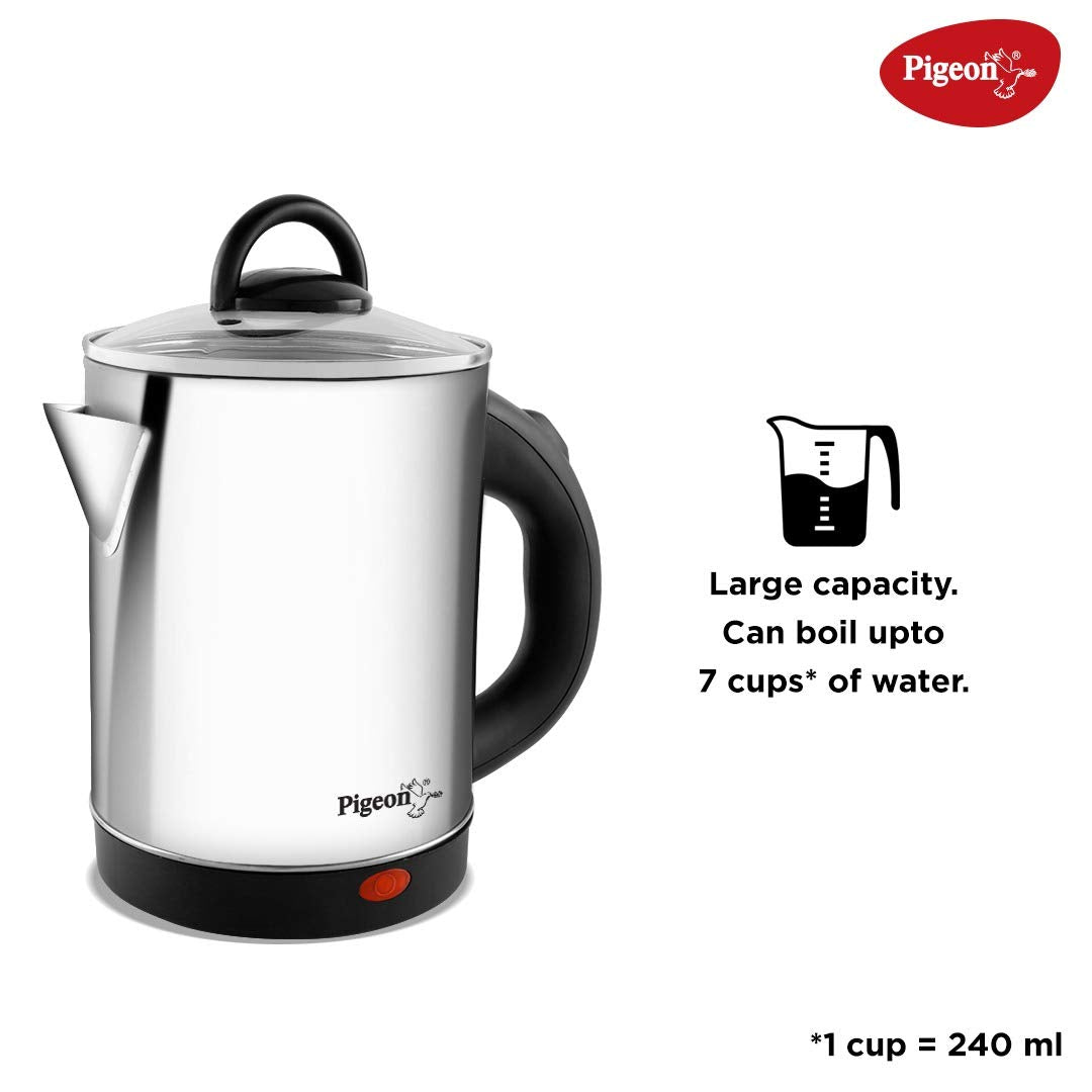 Pigeon Quartz 1.7L Electric Kettle (Model: SAP-14525) – 1500W, Stainless Steel Body, Glass Lid, Auto Shut-Off