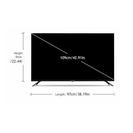 Smart TV with dimensions labeled on a white background