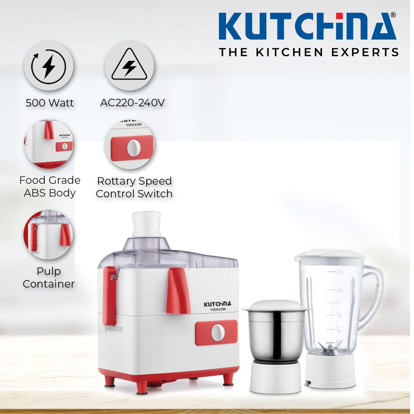 Kutchina Viena 500W Juicer Mixer Grinder – 2 Jars, Centrifugal Juicer