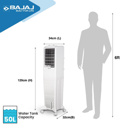 Bajaj TMH50 Tower Air Cooler 50L with Honeycomb Cooling Pads & 30 Ft Air Throw
