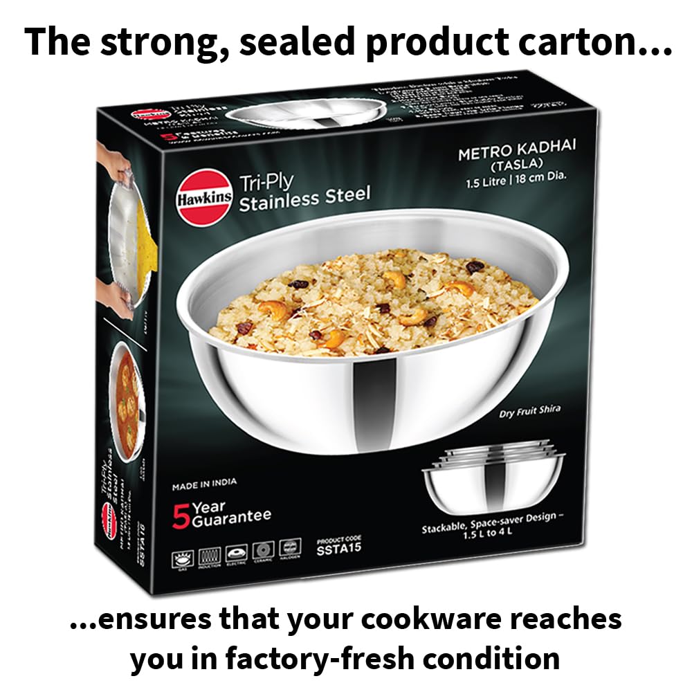 Hawkins Metro 1.5L Triply Stainless Steel Kadhai (Tasla)