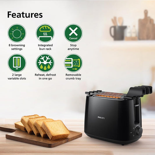Philips HD2583/90 Daily Collection 2-Slice Toaster – 600W, 8 Browning Settings, Bun Warming Rack – Black