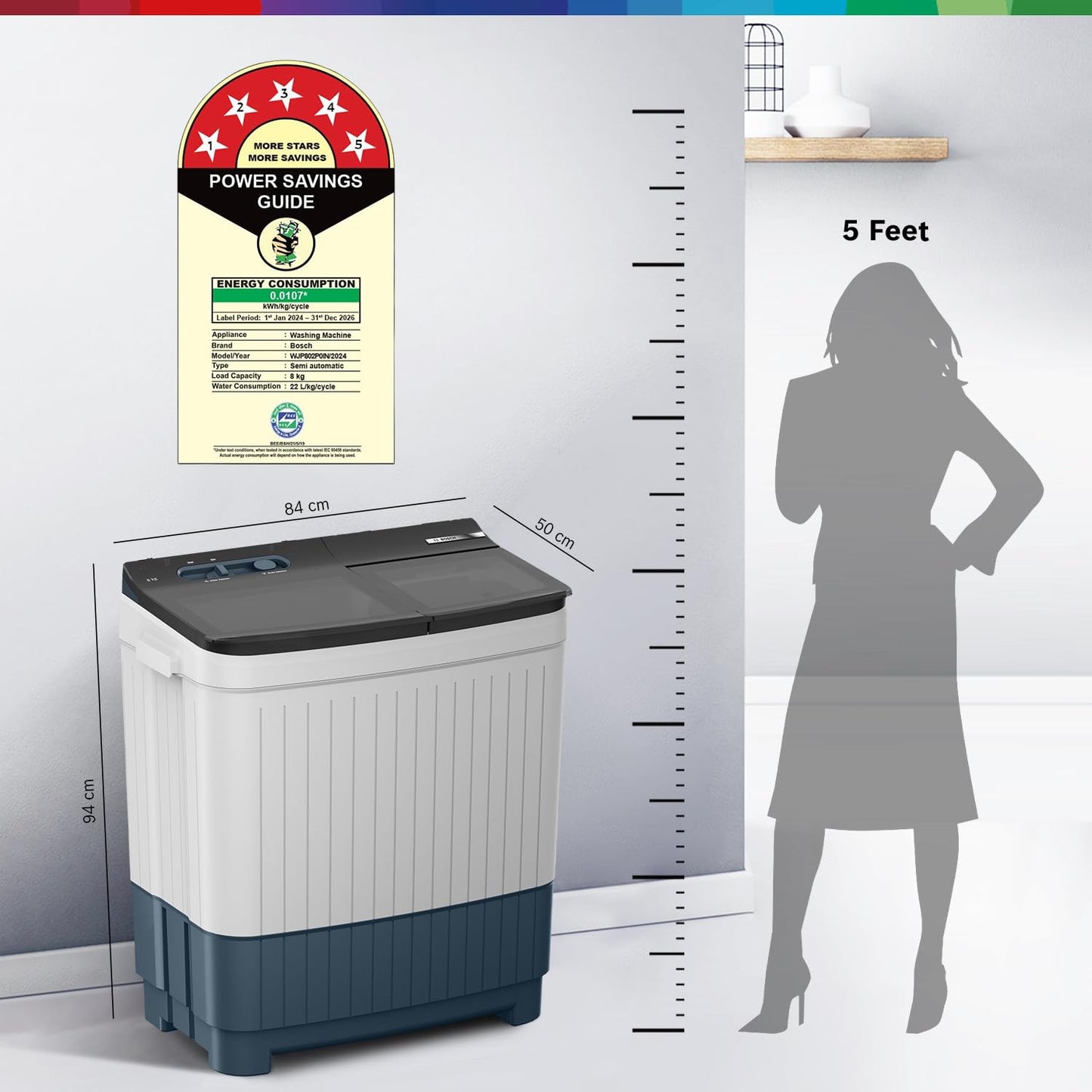 Bosch 8 kg 5 Star Semi-Automatic Top Loading Washing Machine (2025 Model, WJP802P0IN, 3 Wash Programs, Anti-Rust Body, 1300 RPM Spin Speed, White, 2 Years Comprehensive Warranty)