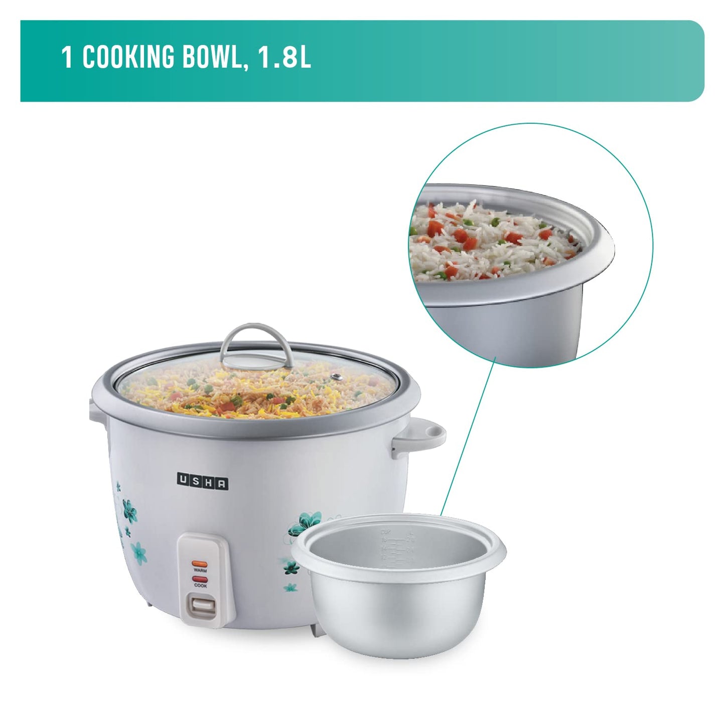 Usha RC18GS1 1.8L Electric Rice Cooker – 700W with Steamer, Keep Warm Function
