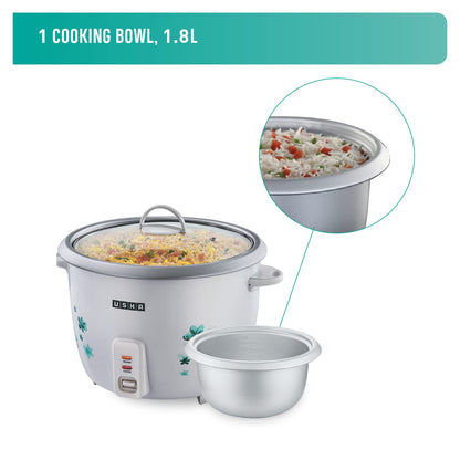 Usha RC18GS1 1.8L Electric Rice Cooker – 700W with Steamer, Keep Warm Function