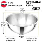 Hawkins Metro 1.5L Triply Stainless Steel Kadhai (Tasla)