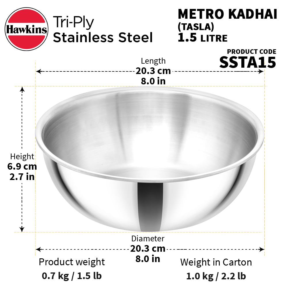 Hawkins Metro 1.5L Triply Stainless Steel Kadhai (Tasla)