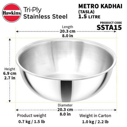 Hawkins Metro 1.5L Triply Stainless Steel Kadhai (Tasla)