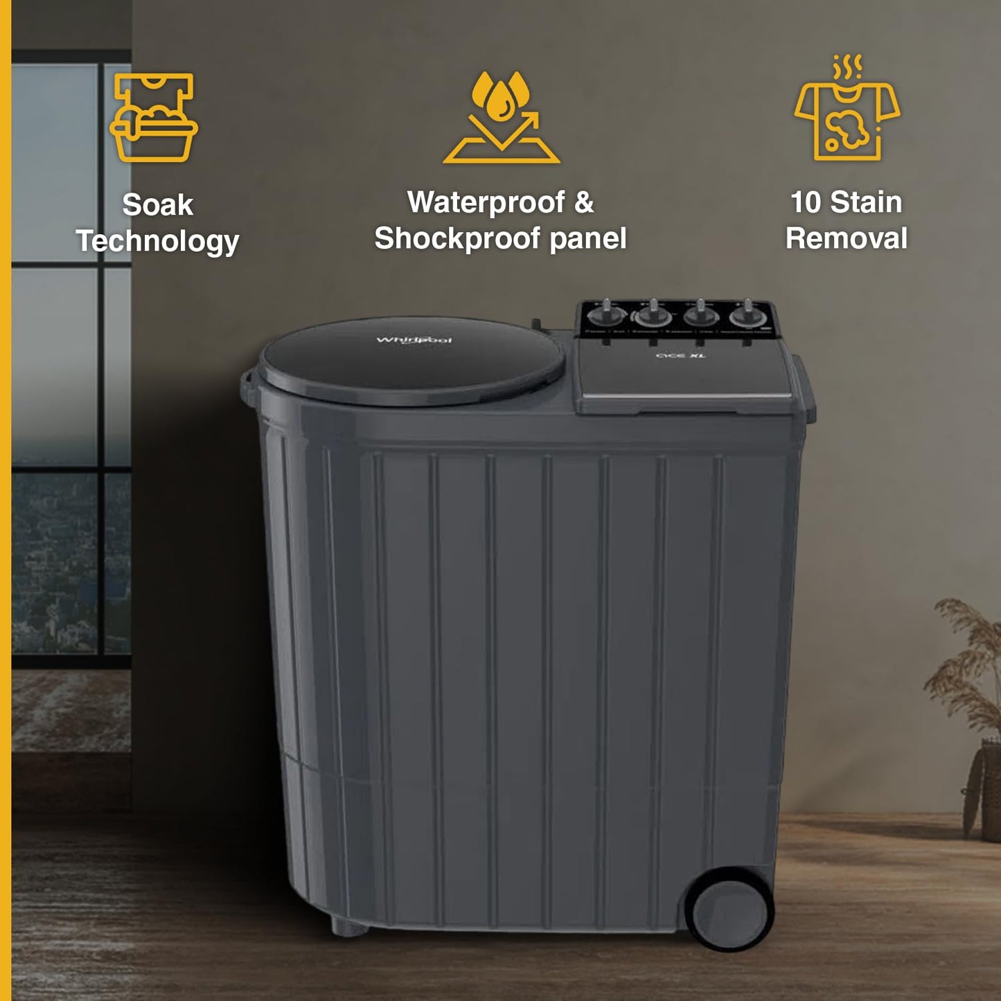 Whirlpool Ace XL 11kg Semi-Automatic Top Load Washing Machine with Dynamix Detergent Dispenser – Graphite Grey