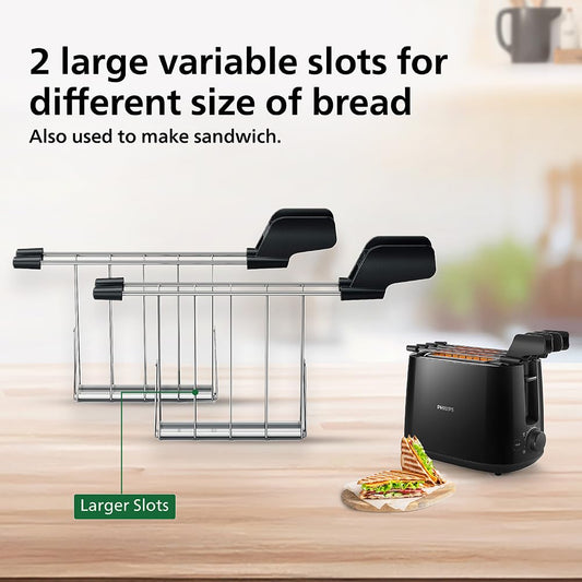 Philips HD2583/90 Daily Collection 2-Slice Toaster – 600W, 8 Browning Settings, Bun Warming Rack – Black