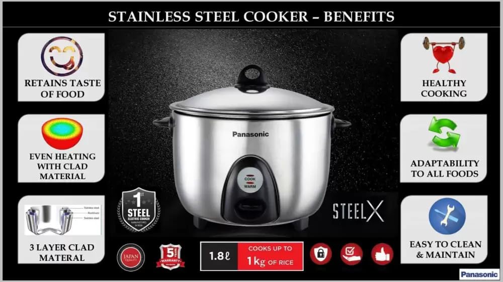 Panasonic SR-G18(SUS) Electric Rice Cooker – 1.8L, Stainless Steel