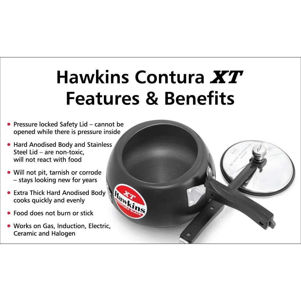 Hawkins Contura Black XT 5L Pressure Cooker – Hard Anodized, Induction-Compatible, Inner Lid Design