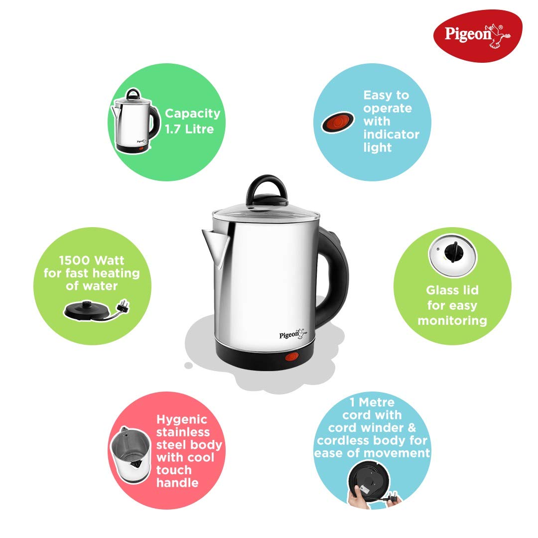 Pigeon Quartz 1.7L Electric Kettle (Model: SAP-14525) – 1500W, Stainless Steel Body, Glass Lid, Auto Shut-Off