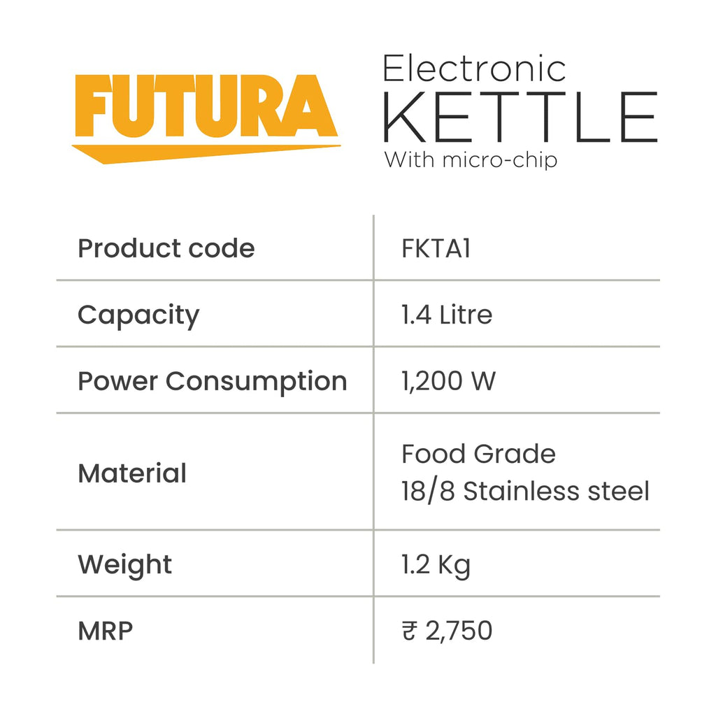 Hawkins Futura FKTA1 1.4L Smart Electric Kettle – 1200W, Stainless Steel