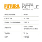 Hawkins Futura FKTA1 1.4L Smart Electric Kettle – 1200W, Stainless Steel