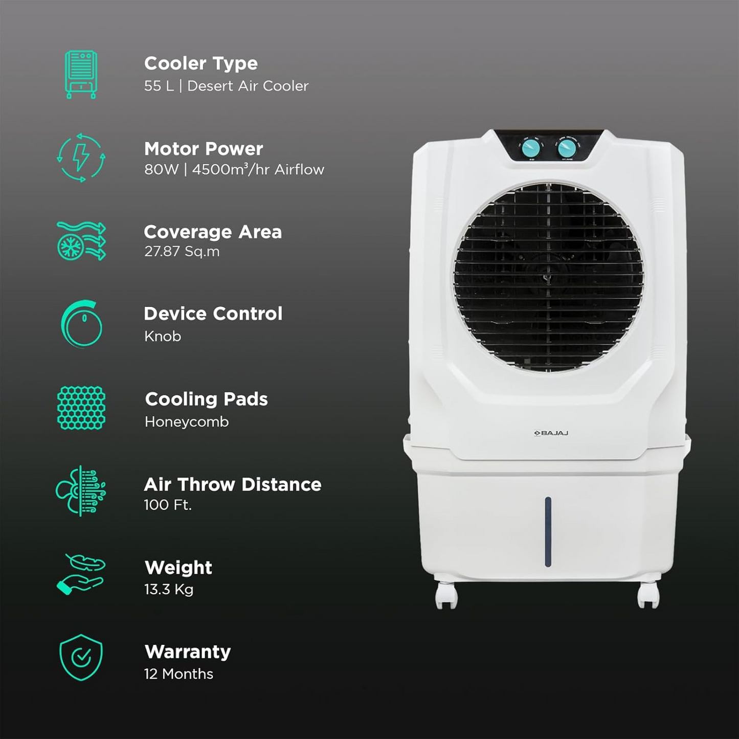 Bajaj Shield Series Spectre 56 Desert Air Cooler with 56L Tank & 100 Ft Air Throw