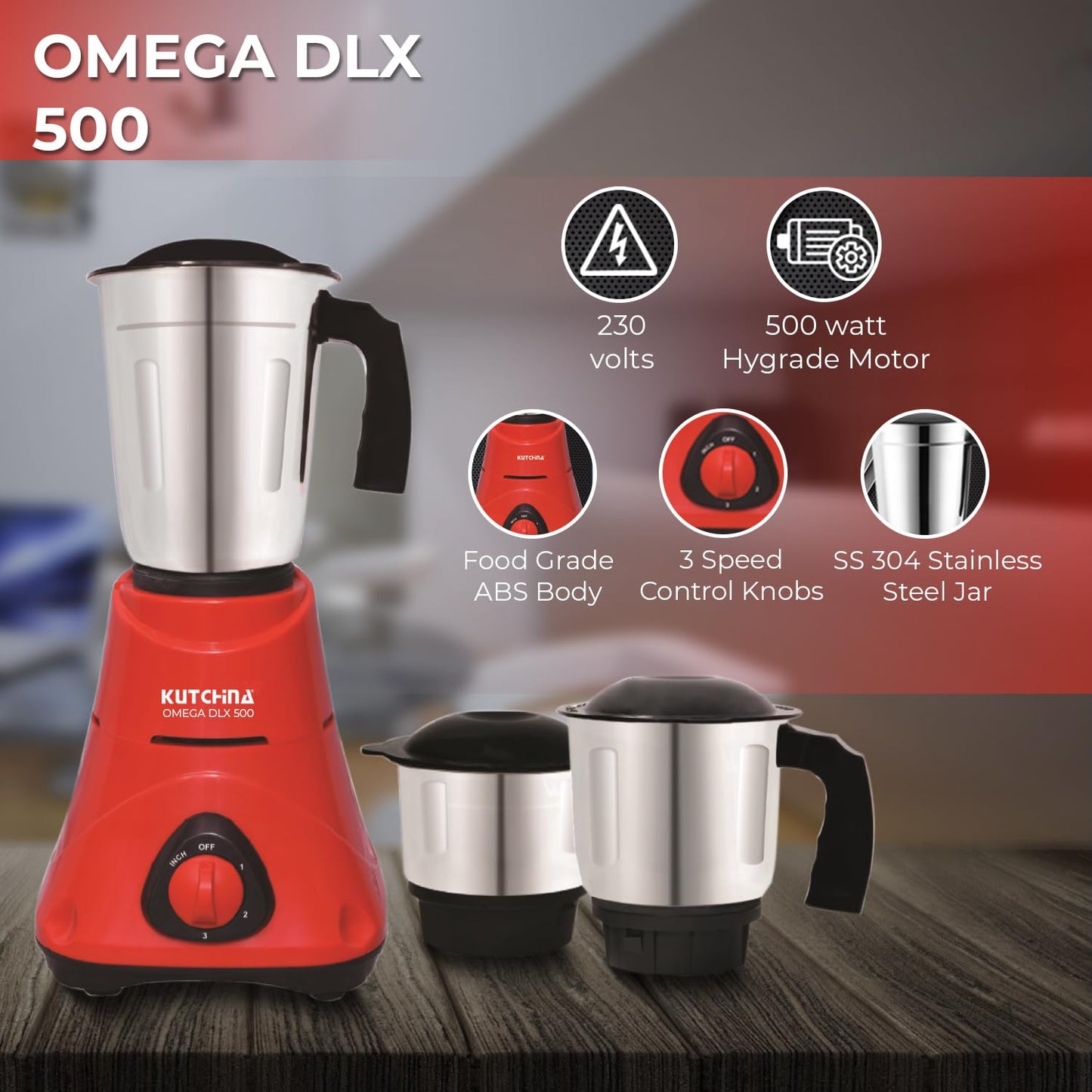 Kutchina Omega DLX 500W Mixer Grinder – 3 Stainless Steel Jars, Hygrade Motor
