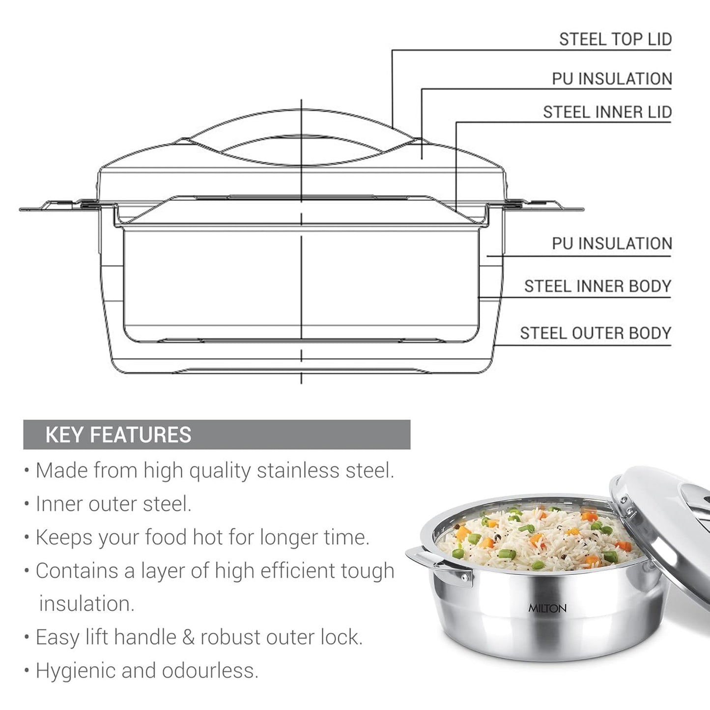 Milton Empress 2000 Stainless Steel Casserole – 1900 ml, Double-Walled Insulated Hot Pot