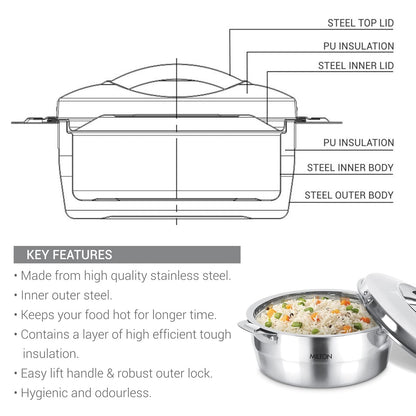 Milton Empress 2000 Stainless Steel Casserole – 1900 ml, Double-Walled Insulated Hot Pot