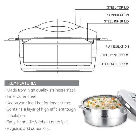 Milton Empress 2000 Stainless Steel Casserole – 1900 ml, Double-Walled Insulated Hot Pot