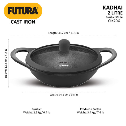 Hawkins Futura Cast Iron Kadhai with Glass Lid (2 L)